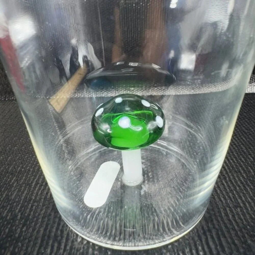 Clear Thin Glass‎ Cup BarWare Tumbler With Green White Mushroom Inside Attached